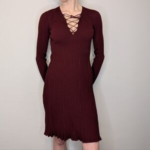SANDRO | Long Sleeve Lace Up Ribbed Maroon Dress